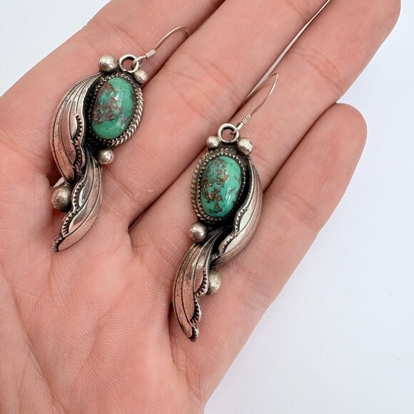 Sterling Silver 925 Turquoise Bezel Set Leaf Design Dangle Earrings 2.25" Length - Picture 6 of 10